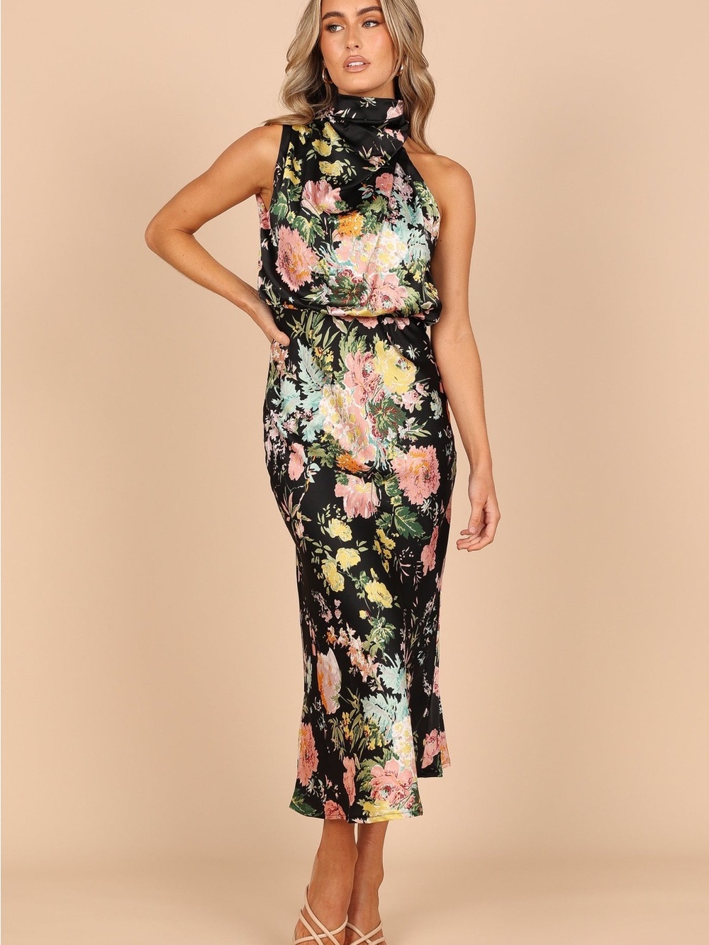 NWT Petal & Pup Anabelle Black Floral Halter Neck Midi Dress Small - Picture 2 of 8